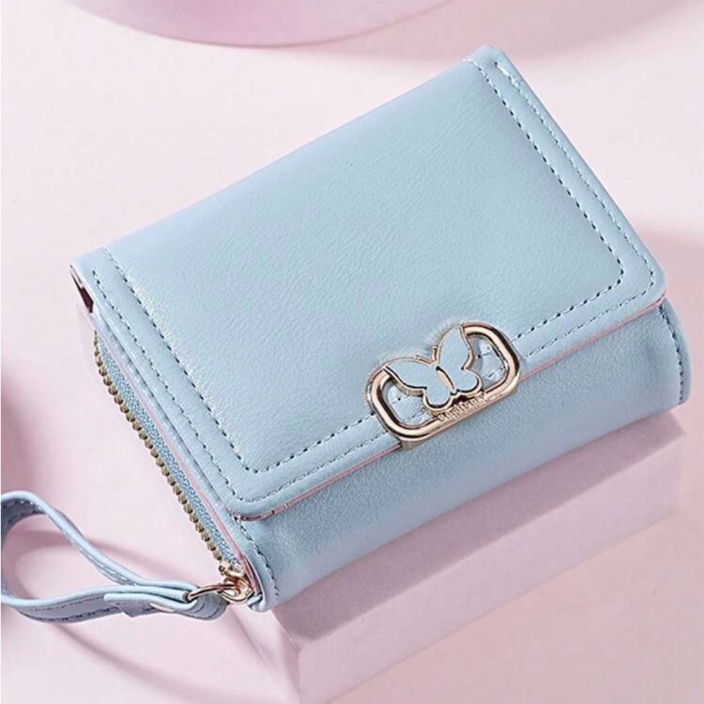 Compact Blue Leather Wallet with Silver Logo